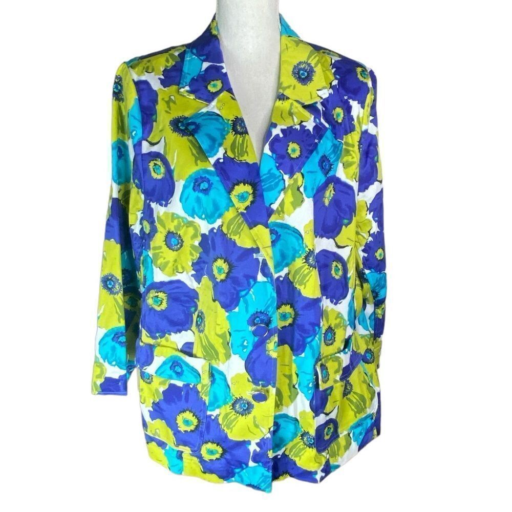 Joan Rivers Wm’s Sz 26W Blue Green Bold Floral Print Multicolor Button Blazer